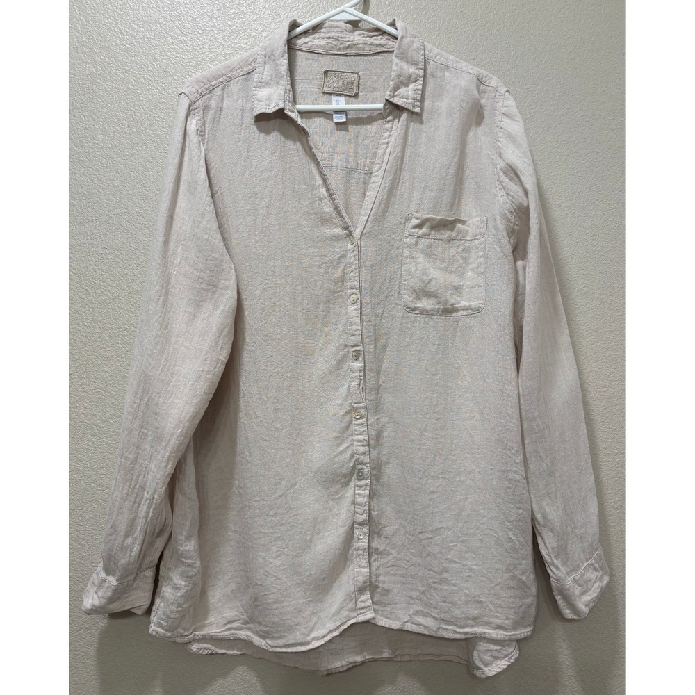 Sigrid Olsen Linen Button Down  Womens XL Cream Roll Tab Sleeve Coastal Neutral